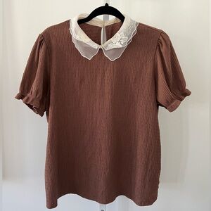 Faith and Joy Brown Blouse with White Collar